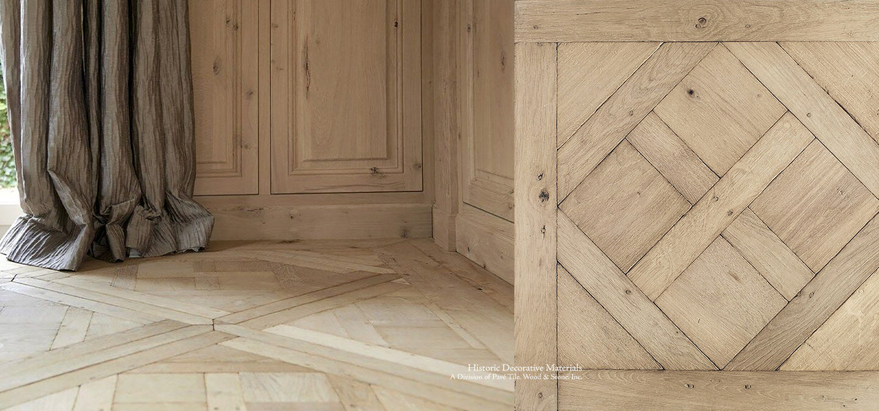Antique French oak floors or reclaimed French oak flooring is the inspiration to our antiqued French oak flooring and our aged French oak floors. Antiqued French oak parquet de Versailles in natural oak is what designers choose for French country homes. 