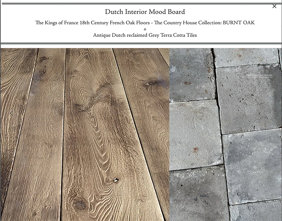 Antique grey terra cotta tiles and antiqued French oak floors elevate a Dutch interior.