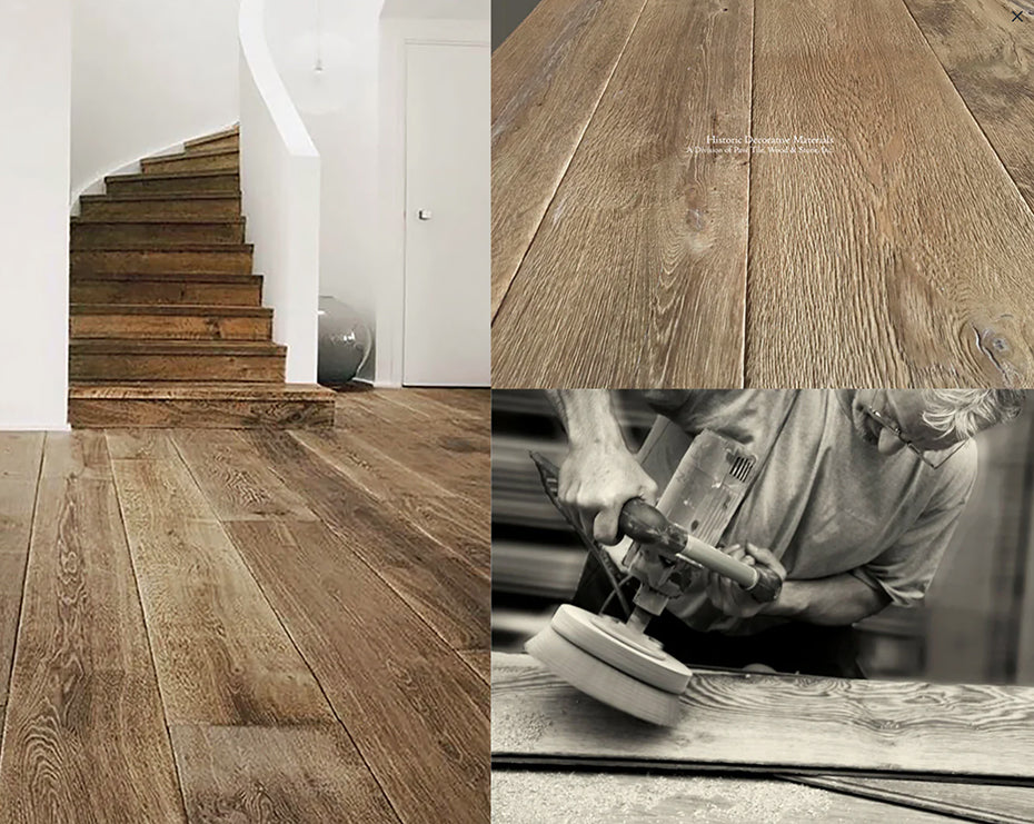 Antique French Oak floors are pre-finished in colors arrived by an oxidation process and hand-finished.