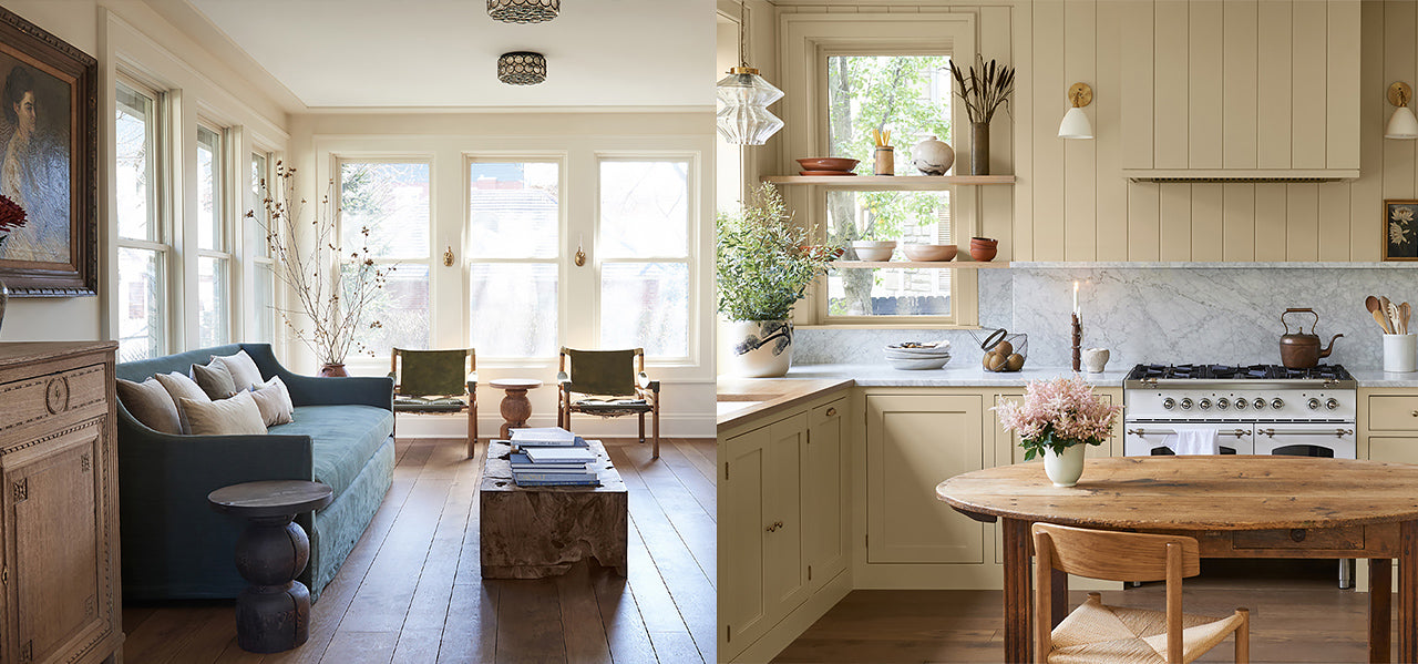 Antique French oak flooring installed in a butter yellow grandma kitchen