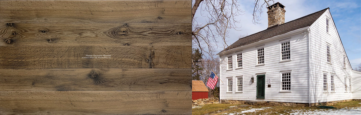 The welcome warmth of aged French  oak floors installed in an historic farmhouse brings old house love.