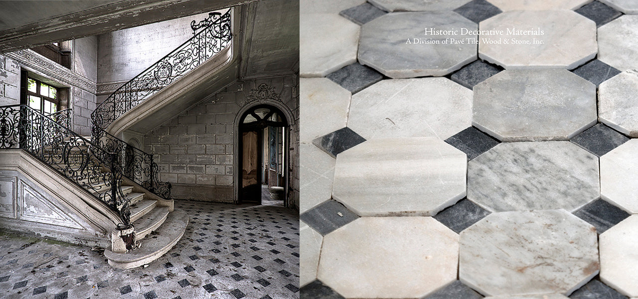 Reclaimed Italian Black and White Marble Flooringor antique black and white cement tiles for historic homes