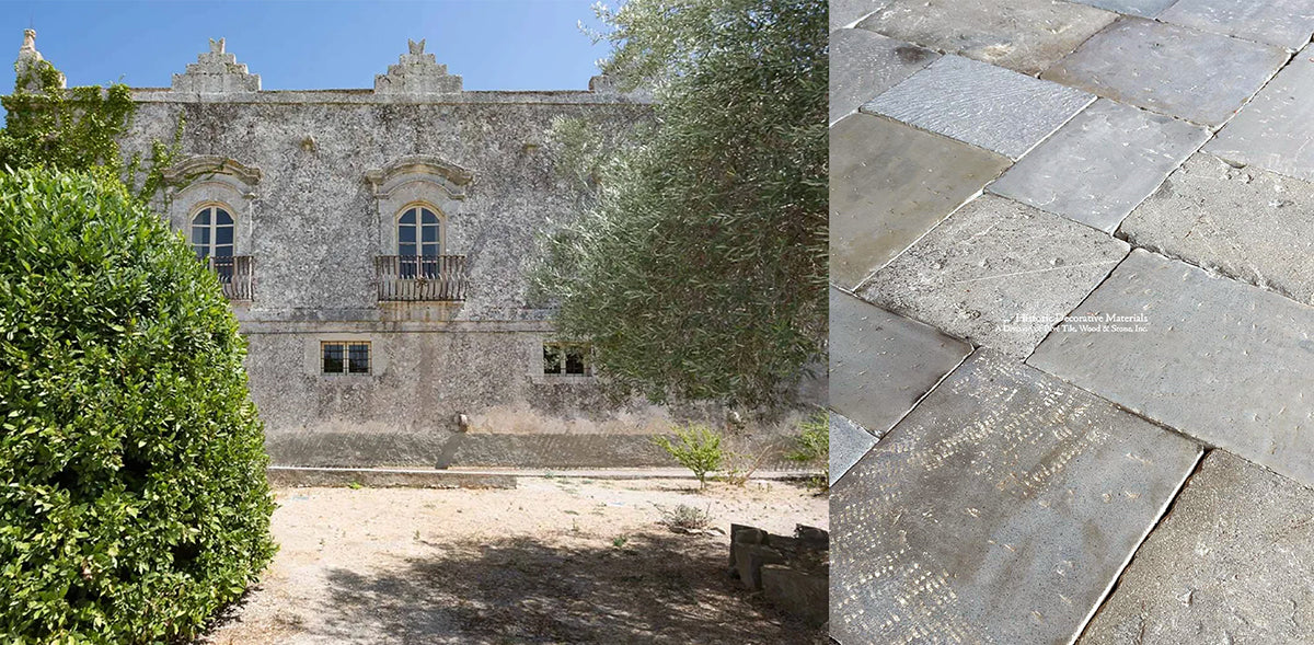 From Sicily, antique Italian limestone floors can be installed in a roman pattern.