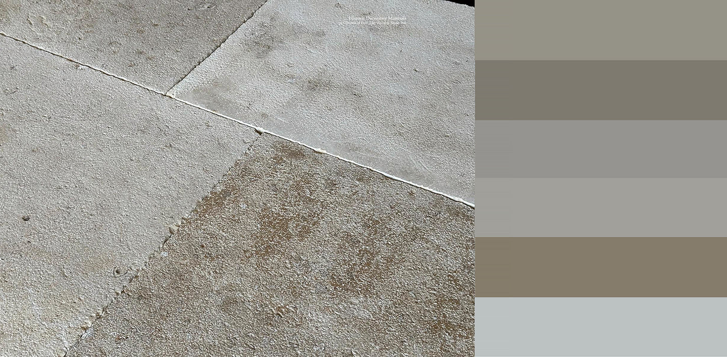 Château de Fénelon Antiqued French Limestone Flooring + Warm/Cool Color Palette of greys, cream and leather.
