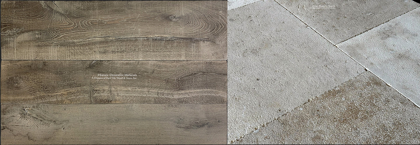 Antique French oak floors with antique French limestone in old Farmhouse and country homes elevate their historic authenticity.