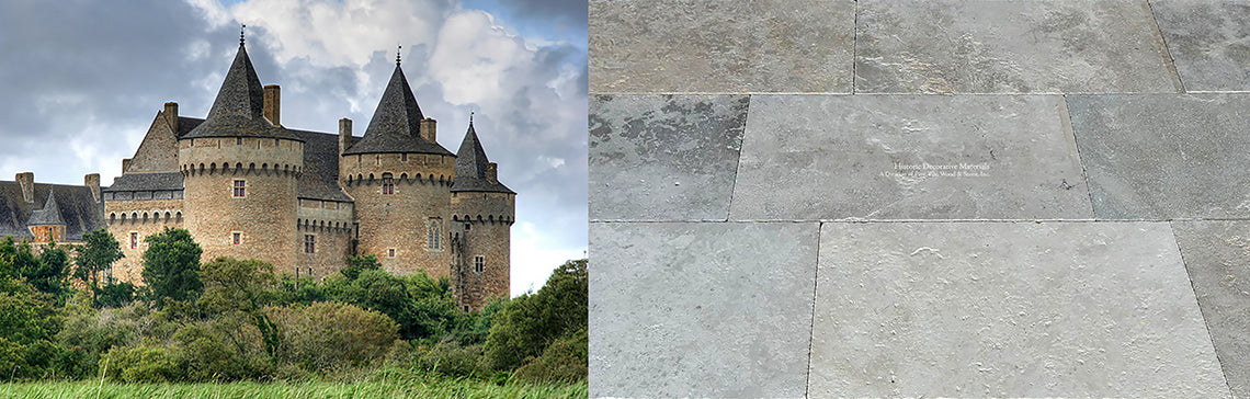 The House of Châtillon Antiqued French Limestone Flooring - quarried from Northern France, these stones have been used since the Medieval Ages and one of their hallmarks is the array of colors. 