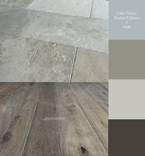 The House of Châtillon Antiqued French Limestone Flooring + Antiqued French Oak Floors - The Great House Collection - Color: Cèpes.  Color Palette - a beautiful mix of cool and warm tones to bring forth the best colors of these antiqued French stone and wood flooring materials.