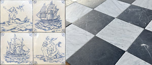 checkerboard black & white marble flooring and Delft tile wall tiles is beautiful for primary historic baths.