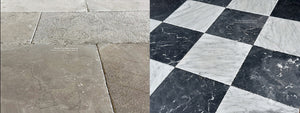Antiqued black and white checkerboard marble flooring with aged French limestone tile for rooted historic interiors.