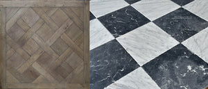 antiqued checkerboard black & white marble floor paired with French oak flooring recreates elegant European interiors.
