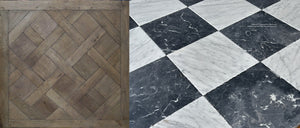 black and white checkerboard marble floor paired with French oak flooring recreates elegant European interiors.