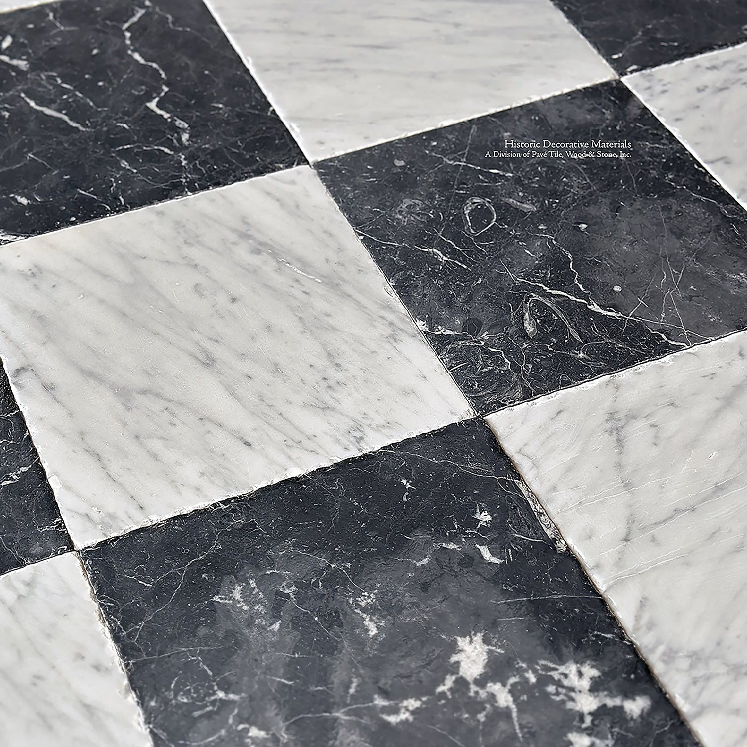antiqued checkerboard black and white marble flooring with historic patina