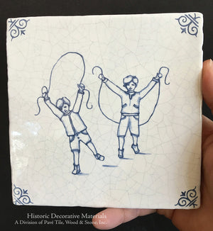 Delft tiles hand-painted blue and white Dutch ceramic tile with children at play motif for fireplace surrounds