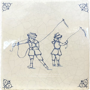Delft tiles hand-painted blue and white Dutch ceramic tile featuring historic children at play imagery