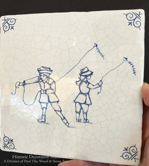 Delft tiles blue and white ceramic tile with children at play motif for kitchen and interior wall design