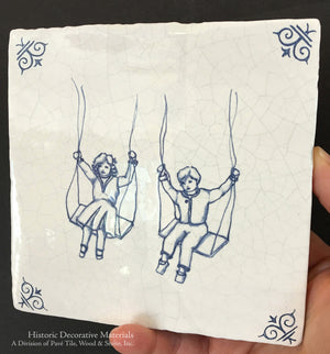 Delft tiles hand-painted blue and white Dutch ceramic tile featuring children at play scene for kitchen design