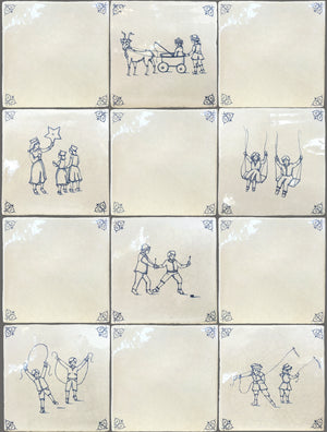 Delft tiles hand-painted blue and white ceramic wall tile featuring children at play motif in Dutch style