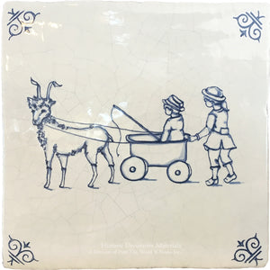 Delft tiles hand-painted blue and white ceramic wall tile with detailed children at play Dutch motif