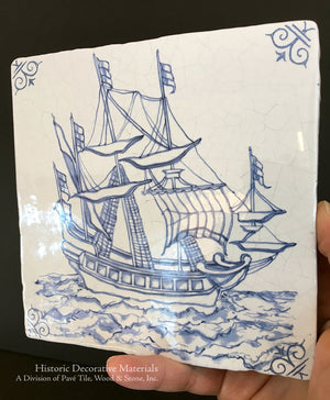 Delft tiles hand-painted blue and white ship motif ceramic wall tile for fireplace surrounds