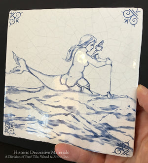 Delft sea creature tiles mythical ocean motifs blue and white Dutch ceramic wall tile for luxury interiors