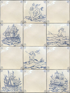 Delft tiles marine mythology blue white hand-painted Dutch ceramic wall tile for classic European interiors