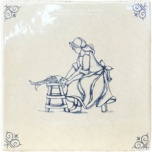 Delft tiles village life fish monger scene blue white ceramic Dutch wall tile