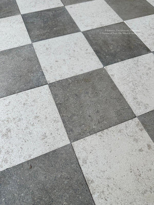 Antiqued Checkerboard  Limestone Flooring Inspired by Portland and Purbeck Stone