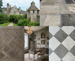French Limestone Checkerboard Flooring Paired with Reclaimed French Oak and Antique English Limestone