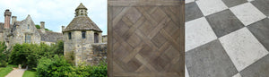 Historic English Limestone Checkerboard Flooring with Antique French Oak Floors