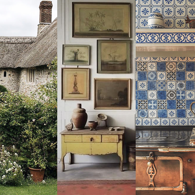 European Design Library – historic French architecture, reclaimed French materials, antique stone, French oak flooring, terra cotta and Dutch Delft tile