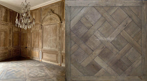 Aged French oak composed into panels is a traditional method of creating a parquet de Versailles panel.