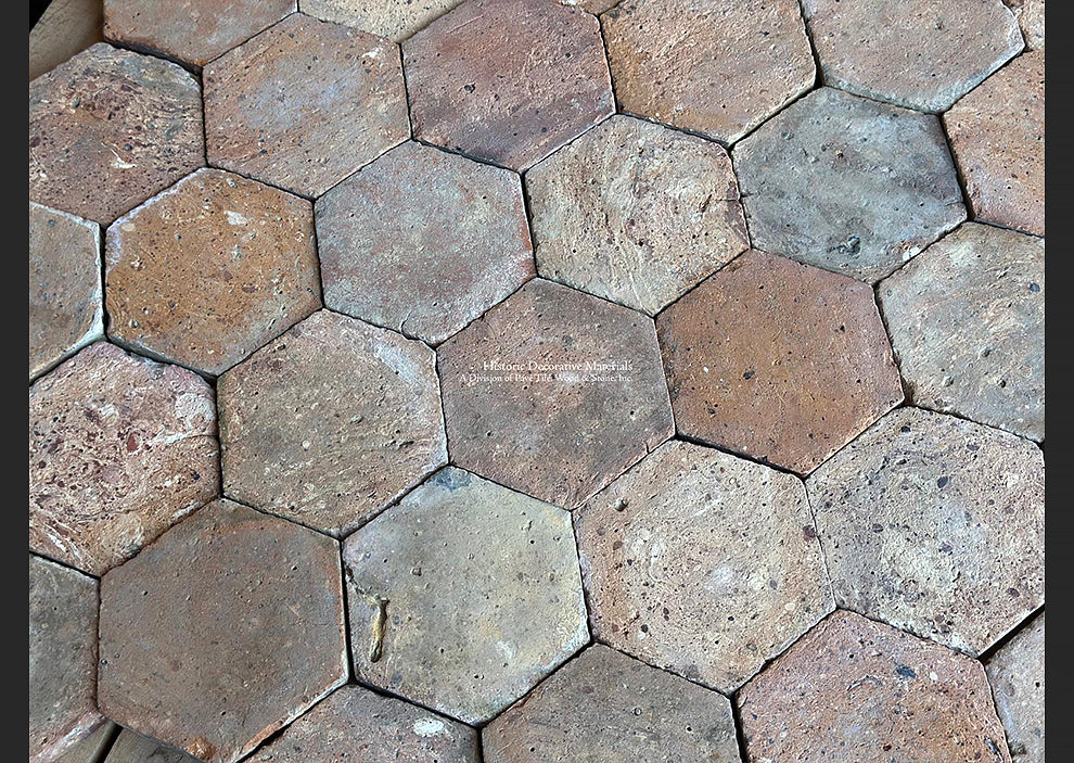 Antique French terra cotta flooring with warm Alsatian patina