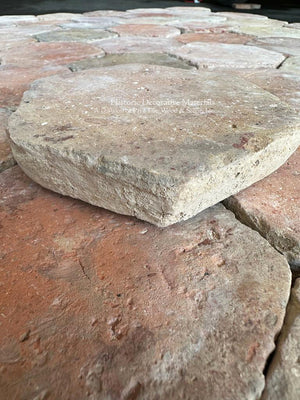 Antique French terra cotta flooring with authentic wear patterns 
