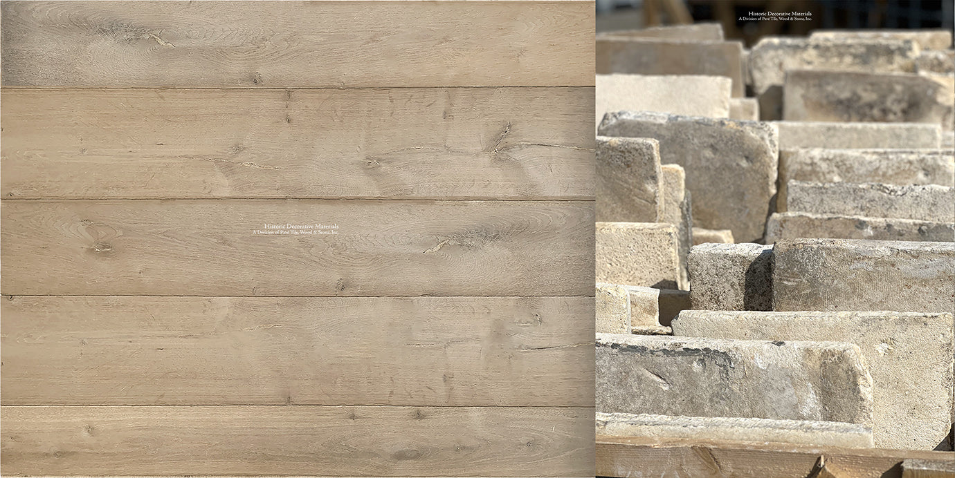 Antique French Limestone Floors marry with antique French oak flooring that is a symphony of natural oak and ivory colors.