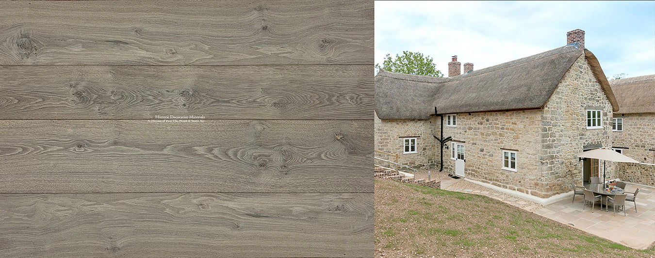Wide-plank and long lengths reclaimed looking French oak floor for vintage interiors.