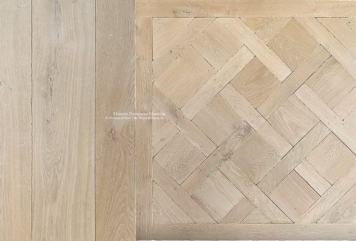 Aged white French oak floors offered in parquet de Versailles is fit for a queen.