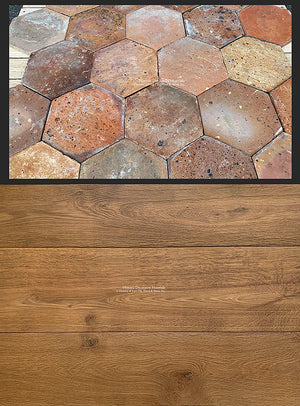 The Kings of France 18th Century French Oak Floors in Wide Plank Solid or Engineered - The Country House Collection: PROVINCIAL MAHOGANY CLAIR + French Reclaimed Terra Cotta Tile Hexagons