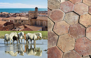 Les Saintes-Maries-de-la-Mer French Reclaimed Terra Cotta Tile Hexagons - the color of the clay roof tiles mimic the colors of this glorious terra cotta tile lot.  The wild horses of the Camargue region.