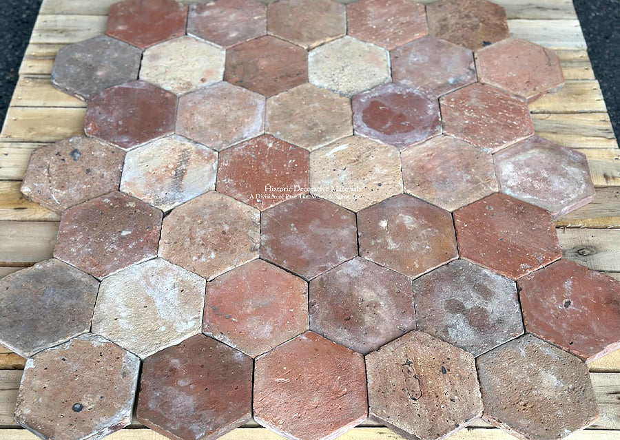 French Reclaimed Terra Cotta Tile Hexagons have beautiful color variations.