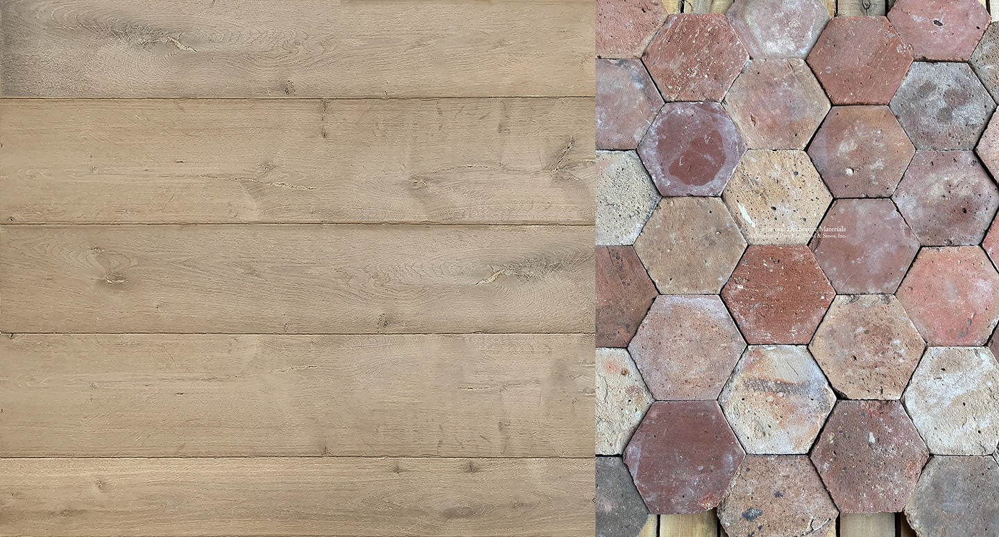 Interior designers choose Roses French Reclaimed Terra Cotta Tile Hexagons + antique French oak floors for historic flooring.