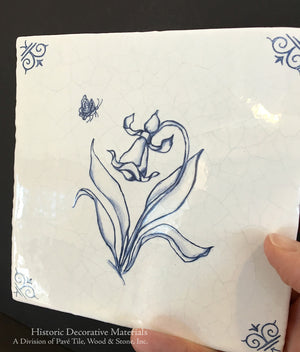 Delft tiles featuring blue and white ceramic heritage Daffodil flowers.