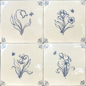 Delft tiles for a powder room in classic blue and white ceramic lily designs
