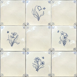 Delft tile backsplash with hand-painted Dutch Lily