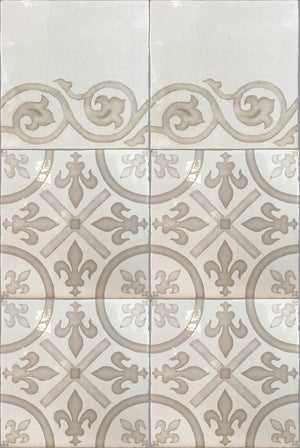 Ceramic French wall tiles for classic kitchen backsplash - Tulip Border + Joie de Vivire Fleur de Lys
