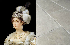 Marie-Thérèse Charlotte de France Hand-Finished Antiqued French Limestone Flooring - Here is the daughter of France herself, adorned in silk and taffeta mirroring colors of this sublime French limestone floor.