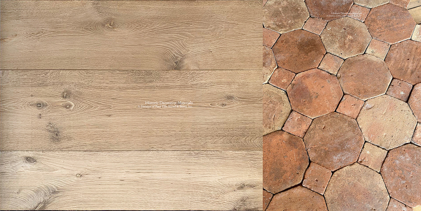 Red and brown hues of French Reclaimed Terra Cotta Tile Octagon + Cabochon floor is installed with antique French oak flooring.
