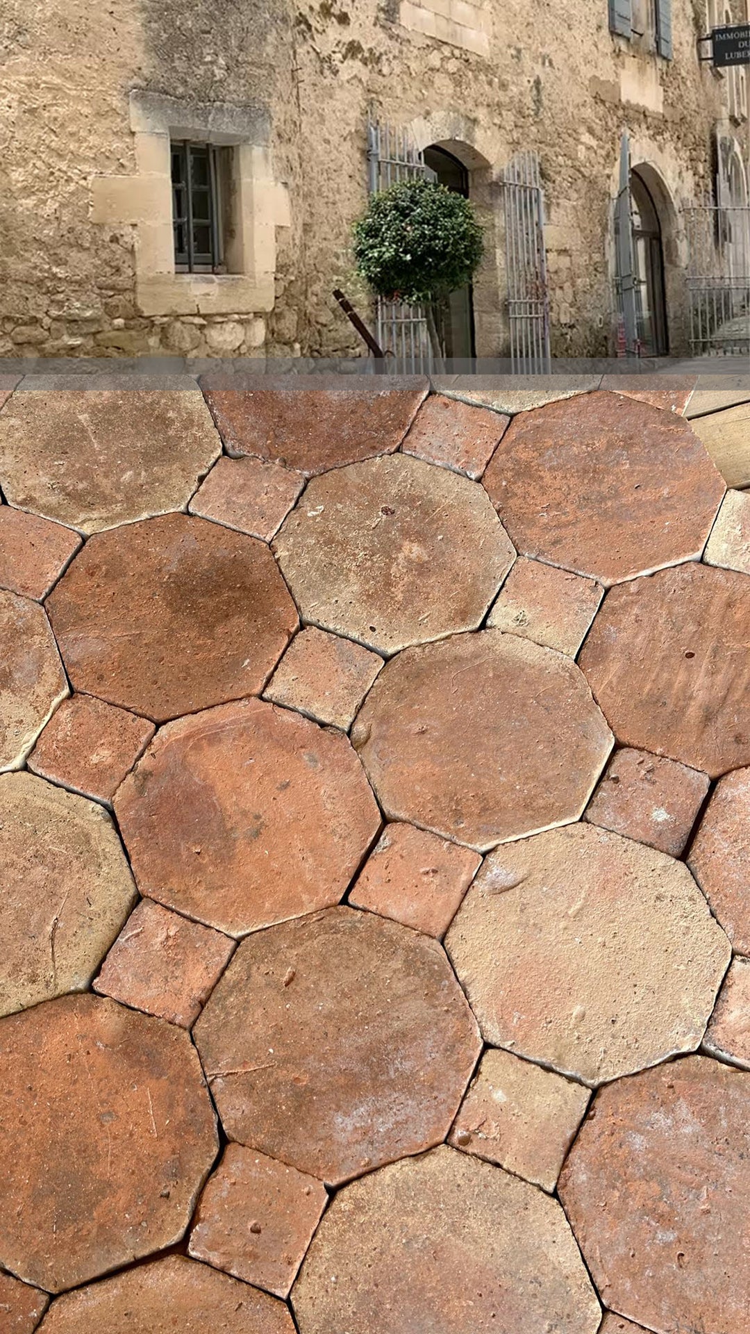 Ménerbes 18th Century French Reclaimed Terra Cotta Tile Octagon + Cabochon Flooring for kitchens in Provence.