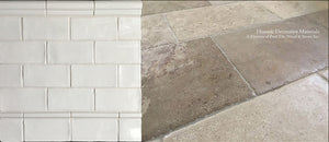 Antiqued and Hand-Finished French Limestone Montclair has a Satin Patina in Coffee, Walnut and Cream hues. + HDM Historic Subway Tile