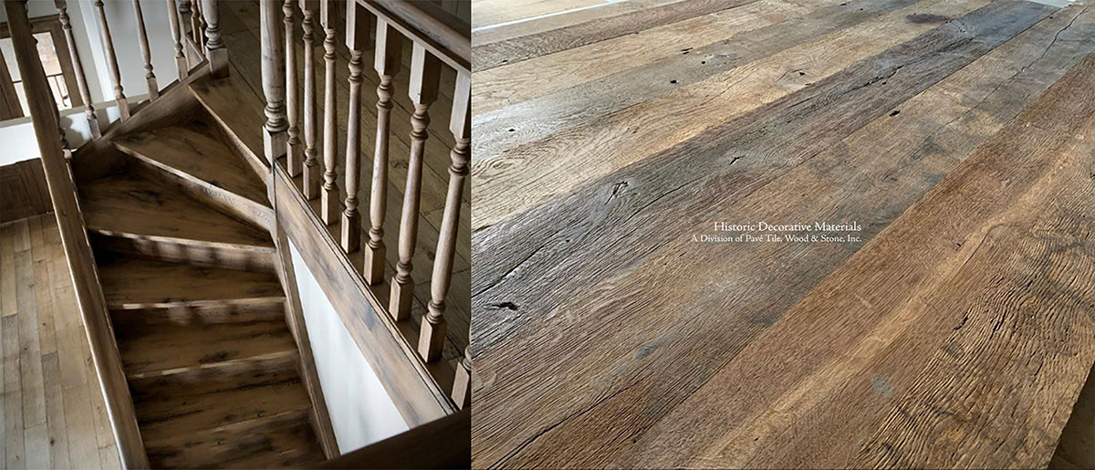The rich surface patina of antique French reclaimed oak flooring elevates interiors.