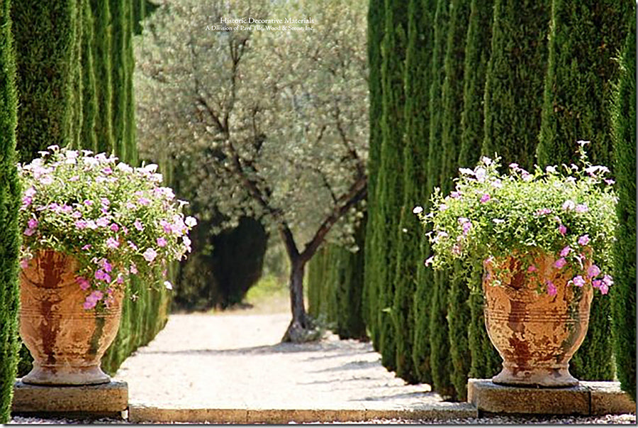 Vintage French ceramic pottery from Provence planted with geraniums brings beauty to outdoor corridors.